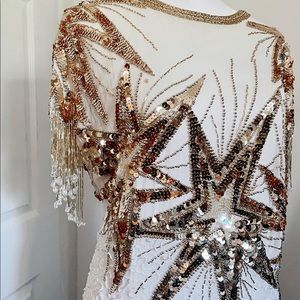 Nite Line dress 100% silk VTG gold beaded stars 12